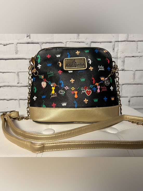 Baby Phat Handbags - Baby Phat Black Multicolor Charm Crossbody with Gold Trim and Chain